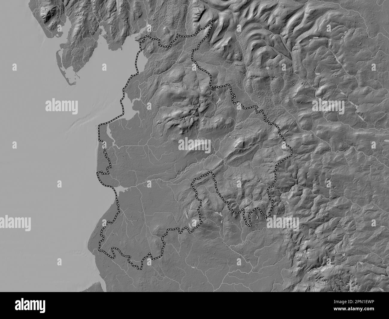 Lancashire, contea amministrativa dell'Inghilterra - Gran Bretagna. Mappa altimetrica bilivello con laghi e fiumi Foto Stock