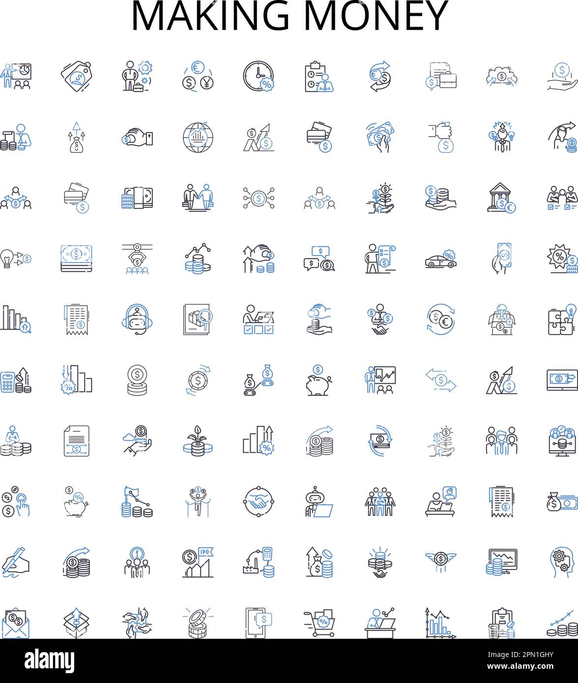 Fare soldi contorno icone raccolta. Guadagni, guadagni, guadagni, investimenti, investimenti, Profitto, insieme vantaggioso di illustrazione del vettore. Prosperare, ricchezze, accumulare Illustrazione Vettoriale