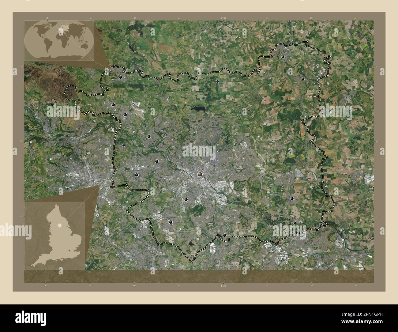 Leeds, contea amministrativa dell'Inghilterra - Gran Bretagna. Mappa satellitare ad alta risoluzione. Posizioni delle principali città della regione. Posizione ausiliaria d'angolo Foto Stock