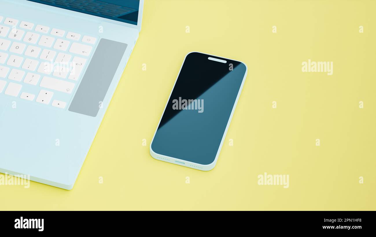 Notebook, tablet e telefono con stile azzurro su sfondo giallo, rendering 3D. Illustrazione di dispositivi digitali, sincronizzazione e tecnologie moderne Foto Stock