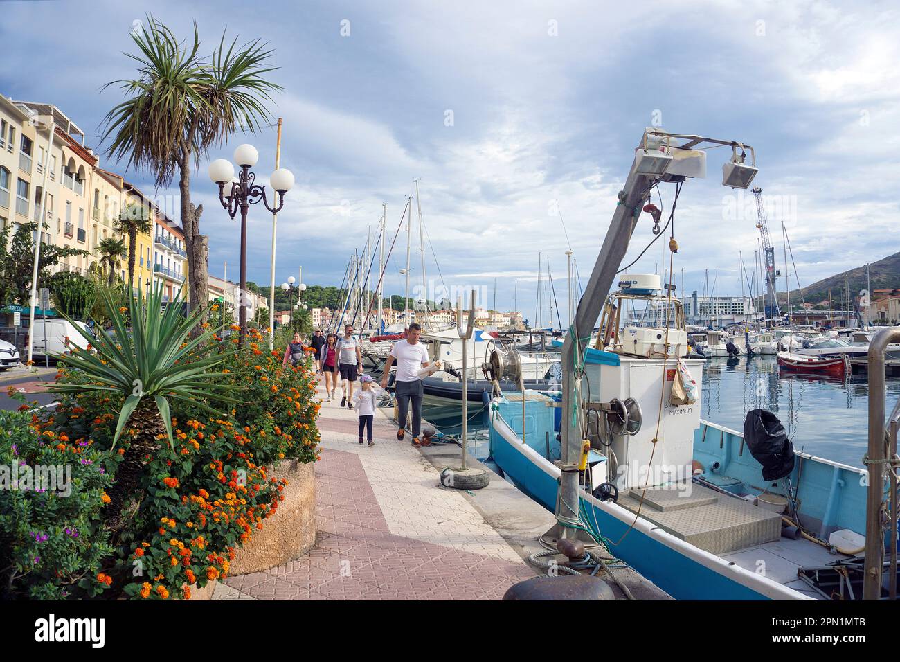 Peschereccio nel porto di Port Vendres, Pyrénées-Orientales, Languedoc-Roussillon, Francia meridionale, Europa Foto Stock