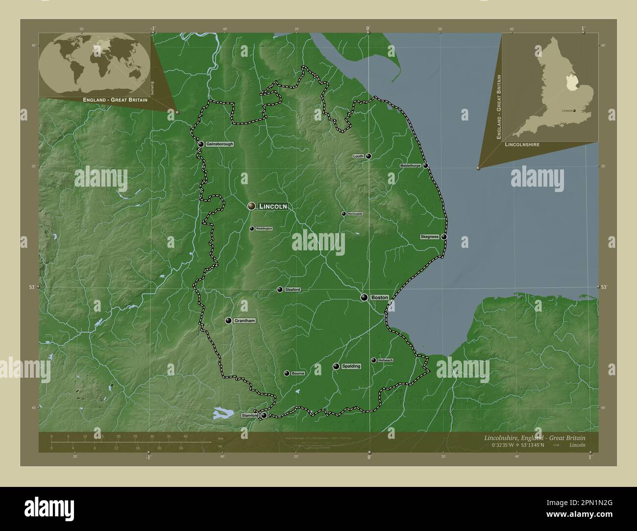 Lincolnshire, contea amministrativa dell'Inghilterra - Gran Bretagna. Mappa dell'altitudine colorata in stile wiki con laghi e fiumi. Località e nomi di majo Foto Stock