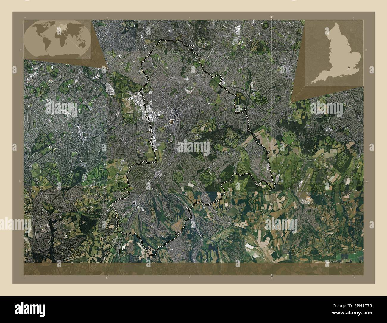 London Borough of Croydon, london Borough of England - Gran Bretagna. Mappa satellitare ad alta risoluzione. Posizioni delle principali città della regione. Angolo a Foto Stock