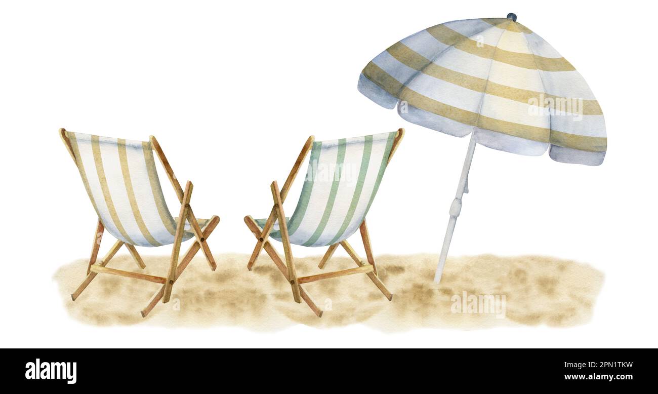 Composizione acquerello disegnata a mano. Accessori da spiaggia a strisce, ombrelloni e sedie sulla sabbia. Isolato su sfondo bianco. Arte da parete di design, matrimonio Foto Stock