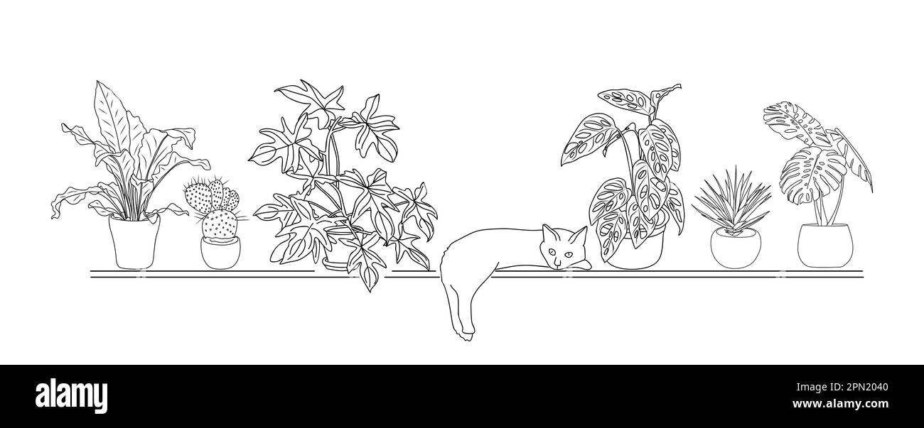Disegno linea di gatto carino con piante di casa. Illustrazione Vettoriale