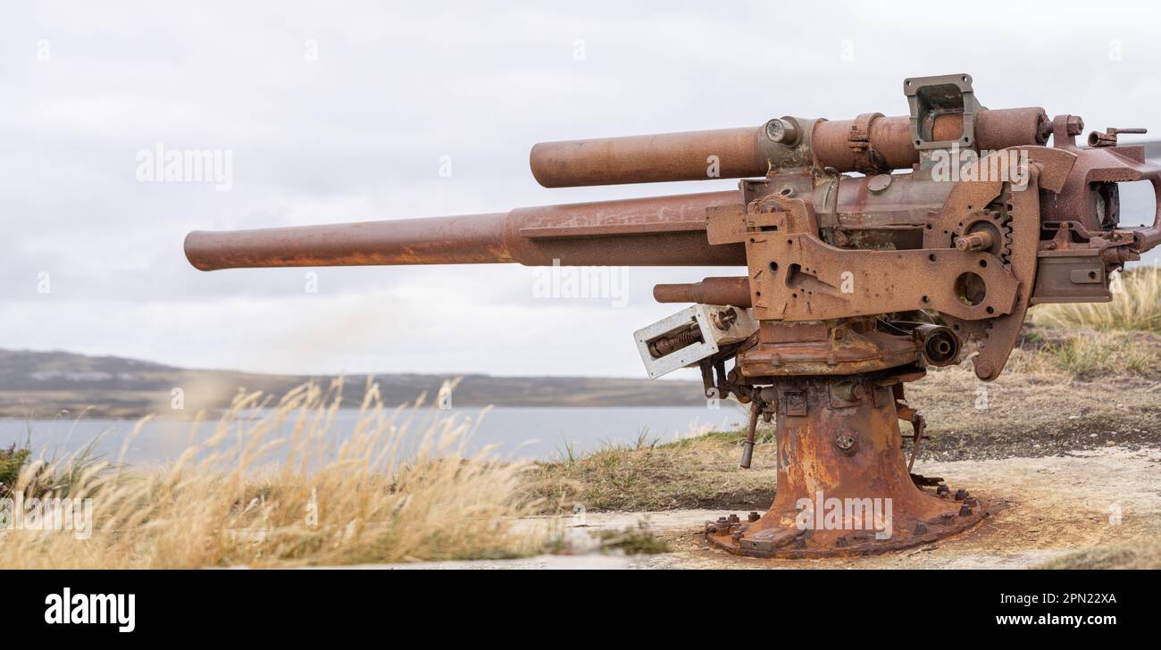 Vecchio cannone arrugginito della Guerra delle Falkland nelle Isole Falkland. Un impressionante monumento alla storia. Foto Stock