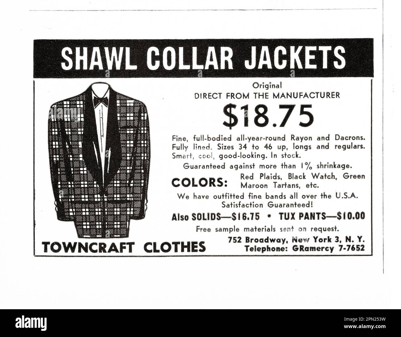 Un annuncio da una rivista di metà 1950s per le giacche del collare dello scialle. L'uso previsto per per le uniformi a banda. Foto Stock