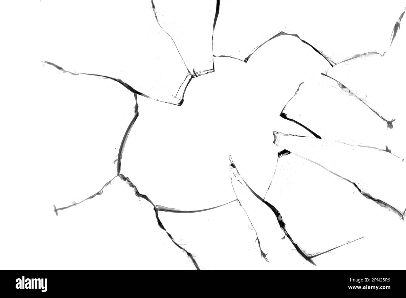 Concetto di vetro rotto con foro per il disegno su sfondo bianco Foto Stock