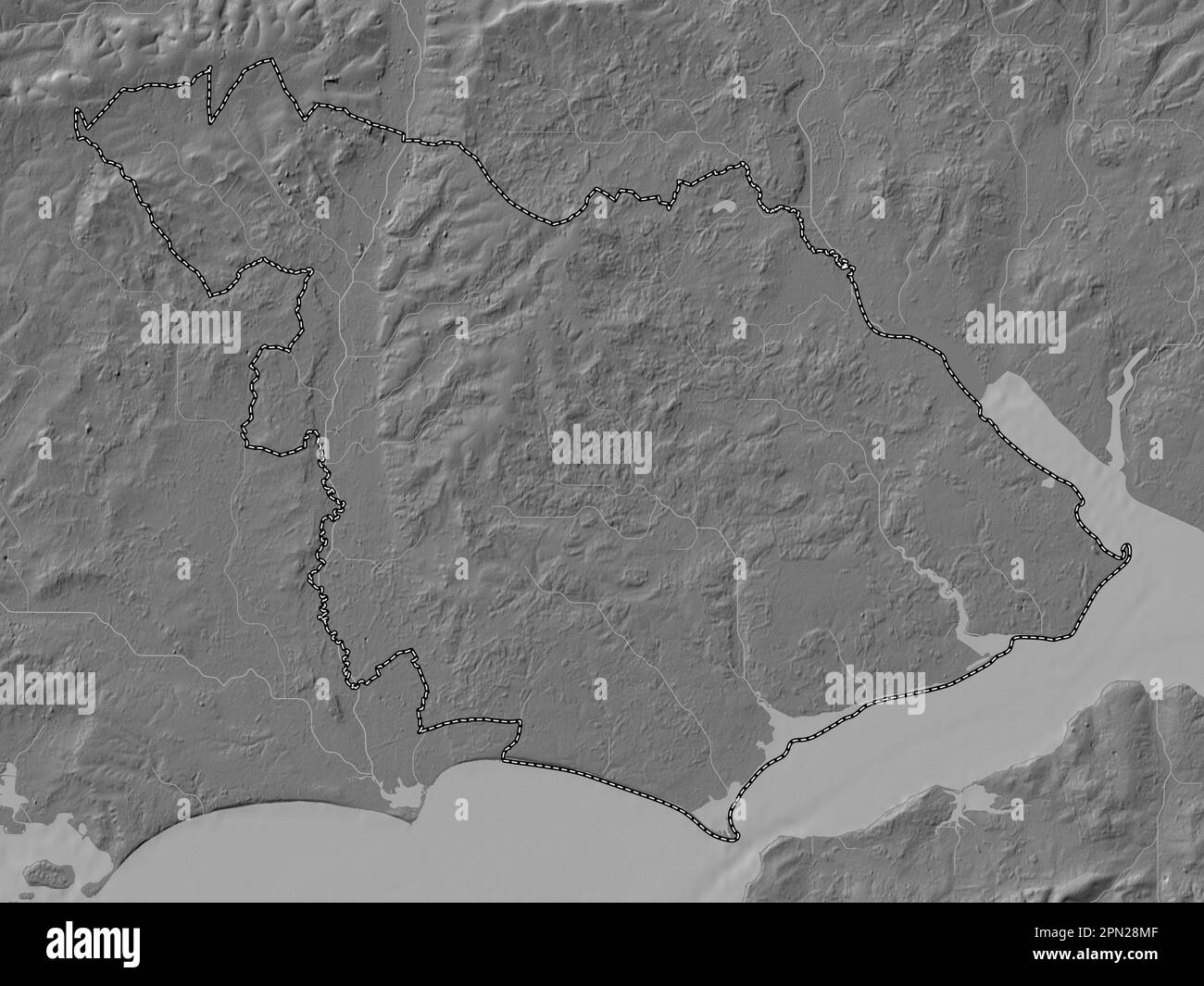 New Forest, distretto non metropolitano dell'Inghilterra - Gran Bretagna. Mappa altimetrica bilivello con laghi e fiumi Foto Stock