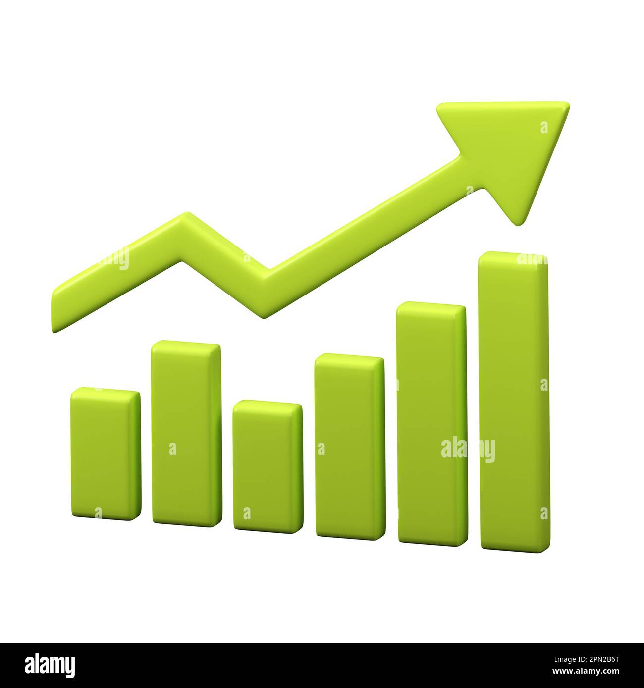 Freccia verde su. Statistica indicazione freccia verso l'alto. 3D grafico di crescita del rendering. Elemento grafico isolato su sfondo bianco. Infografica commerciale. Foto Stock