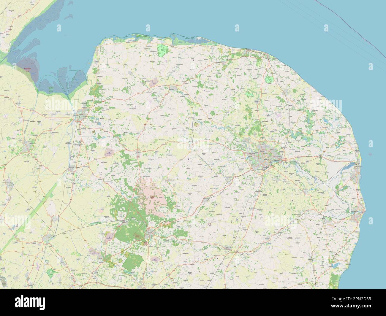 Norfolk, contea amministrativa dell'Inghilterra - Gran Bretagna. Aprire la mappa stradale Foto Stock