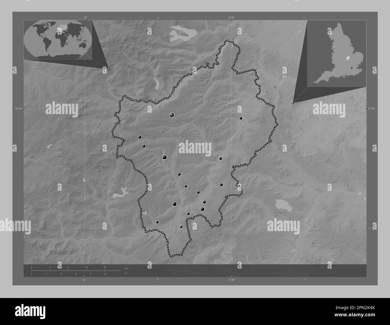 Northamptonshire settentrionale, autorità unitaria dell'Inghilterra - Gran Bretagna. Mappa in scala di grigi con laghi e fiumi. Posizioni delle principali città del Foto Stock