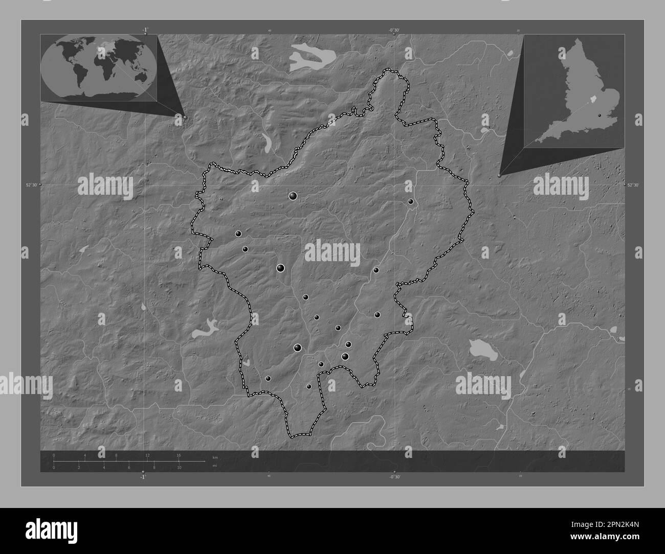 Northamptonshire settentrionale, autorità unitaria dell'Inghilterra - Gran Bretagna. Mappa altimetrica bilivello con laghi e fiumi. Posizioni delle principali città del re Foto Stock