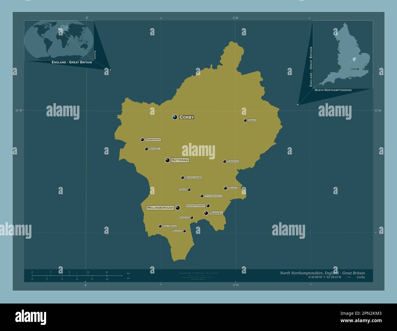 Northamptonshire settentrionale, autorità unitaria dell'Inghilterra - Gran Bretagna. Forma a tinta unita. Località e nomi delle principali città della regione. Aux. D'angolo Foto Stock