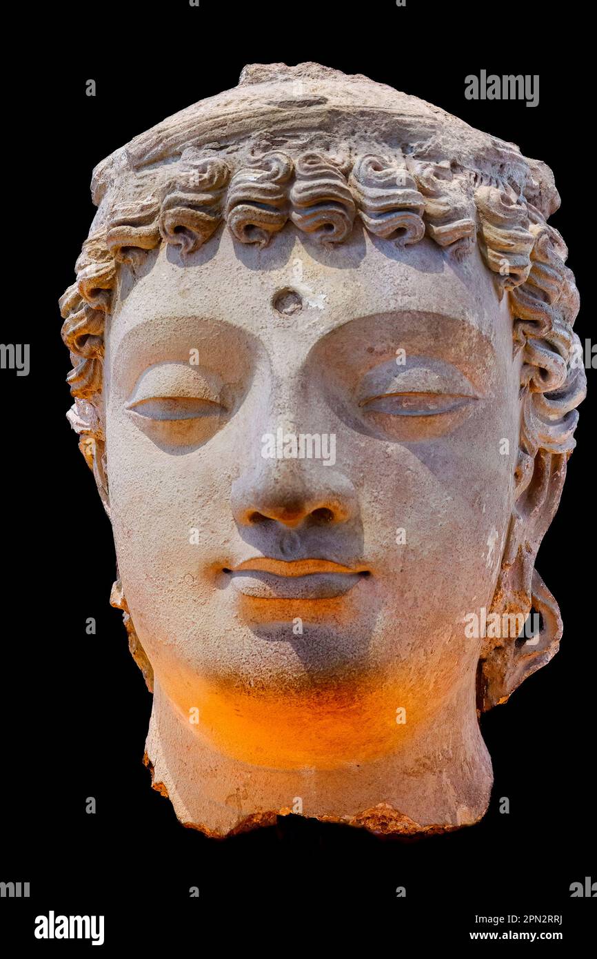 Toronto, Canada - 7 aprile 2023: La testa della scultura del Buddha. Arte Gandharan L'oggetto fa parte di una mostra del Royal Ontario Museum. Foto Stock