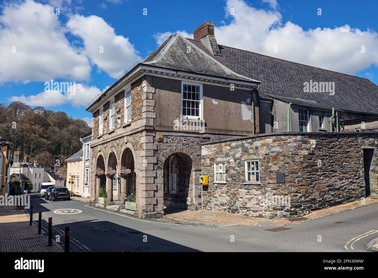 L'ex Guildhall e la Camera del Consiglio a Fore Street, Plympton St Maurice, Devon; Foto Stock