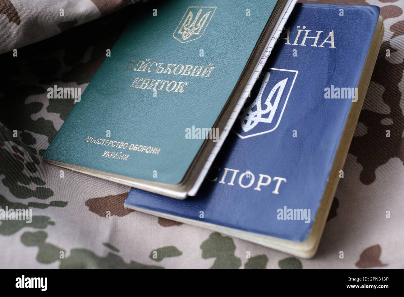 Documento d'identità militare ucraino e passaporto nazionale in uniforme militare. Il concetto di mobilitazione, di coscrizione. Guerra in Ucraina. Stop alla guerra Foto Stock
