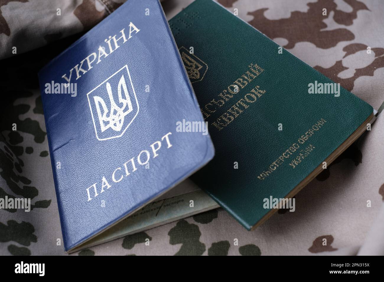 Documento d'identità militare ucraino e passaporto nazionale in uniforme militare. Il concetto di mobilitazione, di coscrizione. Guerra in Ucraina. Stop alla guerra Foto Stock