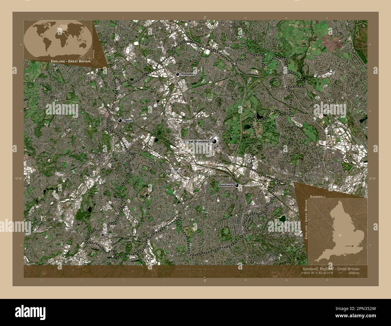 Sandwell, contea amministrativa dell'Inghilterra - Gran Bretagna. Mappa satellitare a bassa risoluzione. Località e nomi delle principali città della regione. Angolo au Foto Stock