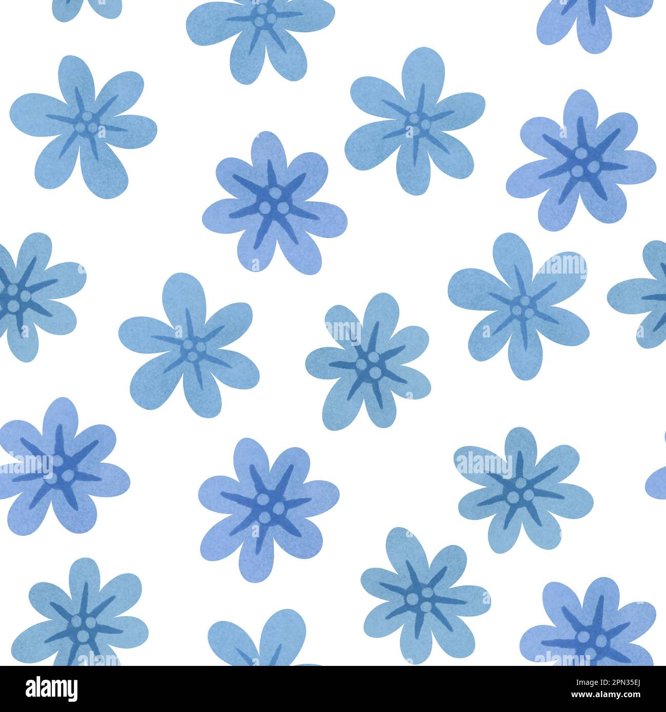 Fiori blu senza cuciture motivo. Piccoli fiori blu monocromatici disegnati a mano su sfondo bianco. Stampa in allover floreale Foto Stock