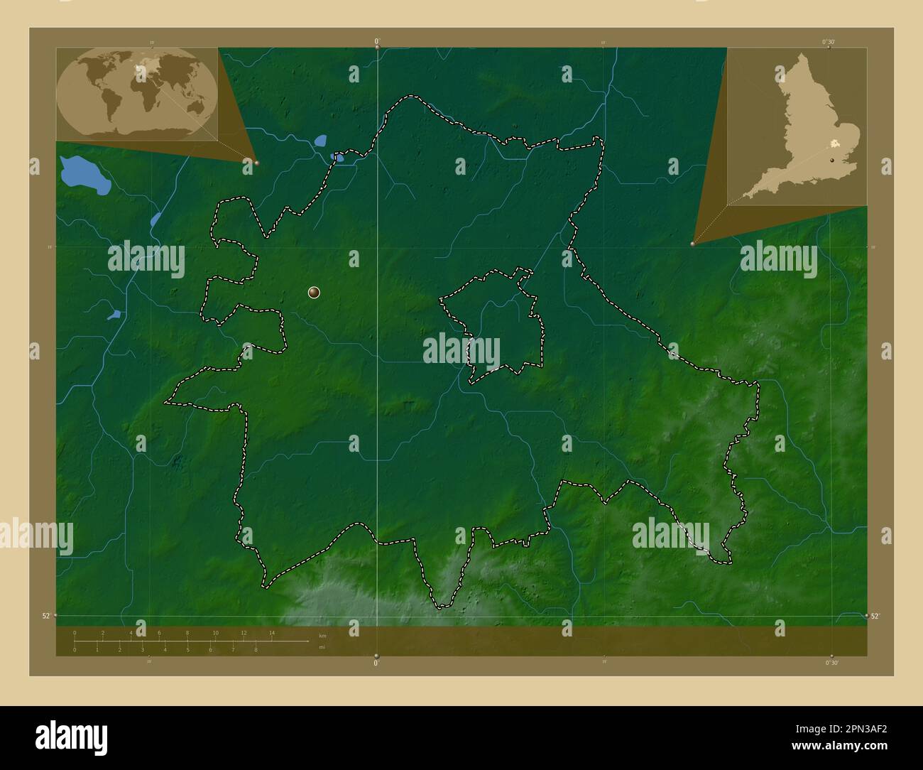 Sud Cambridgeshire, distretto non metropolitano dell'Inghilterra - Gran Bretagna. Mappa di altitudine colorata con laghi e fiumi. Mappa della posizione ausiliaria ad angolo Foto Stock