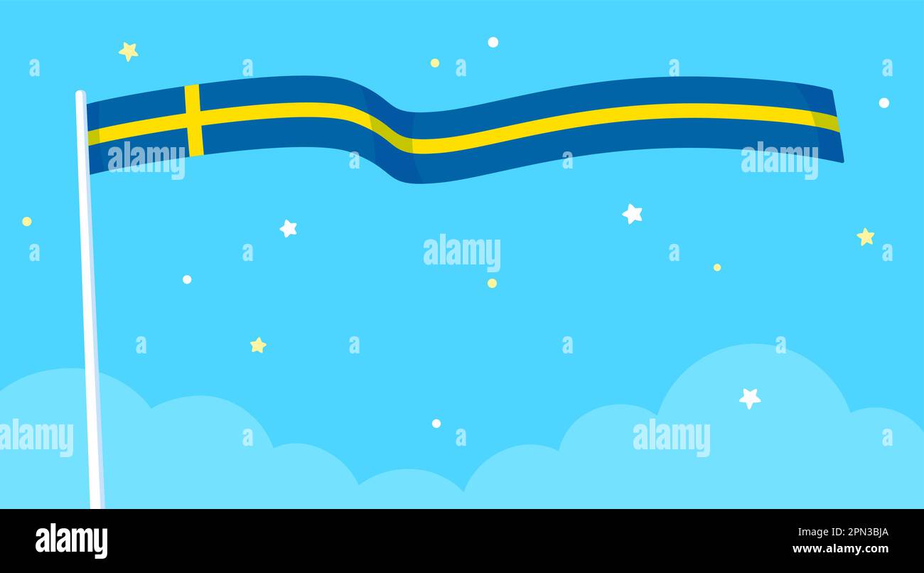 Bandiera della Svezia che sventola nel cielo. Cartoon semplice bandiera svedese e stelle su sfondo blu, modello banner. Illustrazione vettoriale. Illustrazione Vettoriale