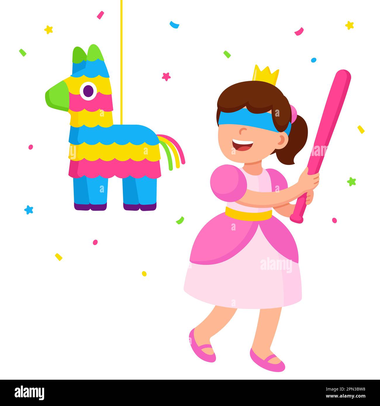 Bambina in abito principessa colpendo pinata con un pipistrello. Festa di compleanno per bambini, simpatica illustrazione vettoriale dei cartoni animati. Illustrazione Vettoriale