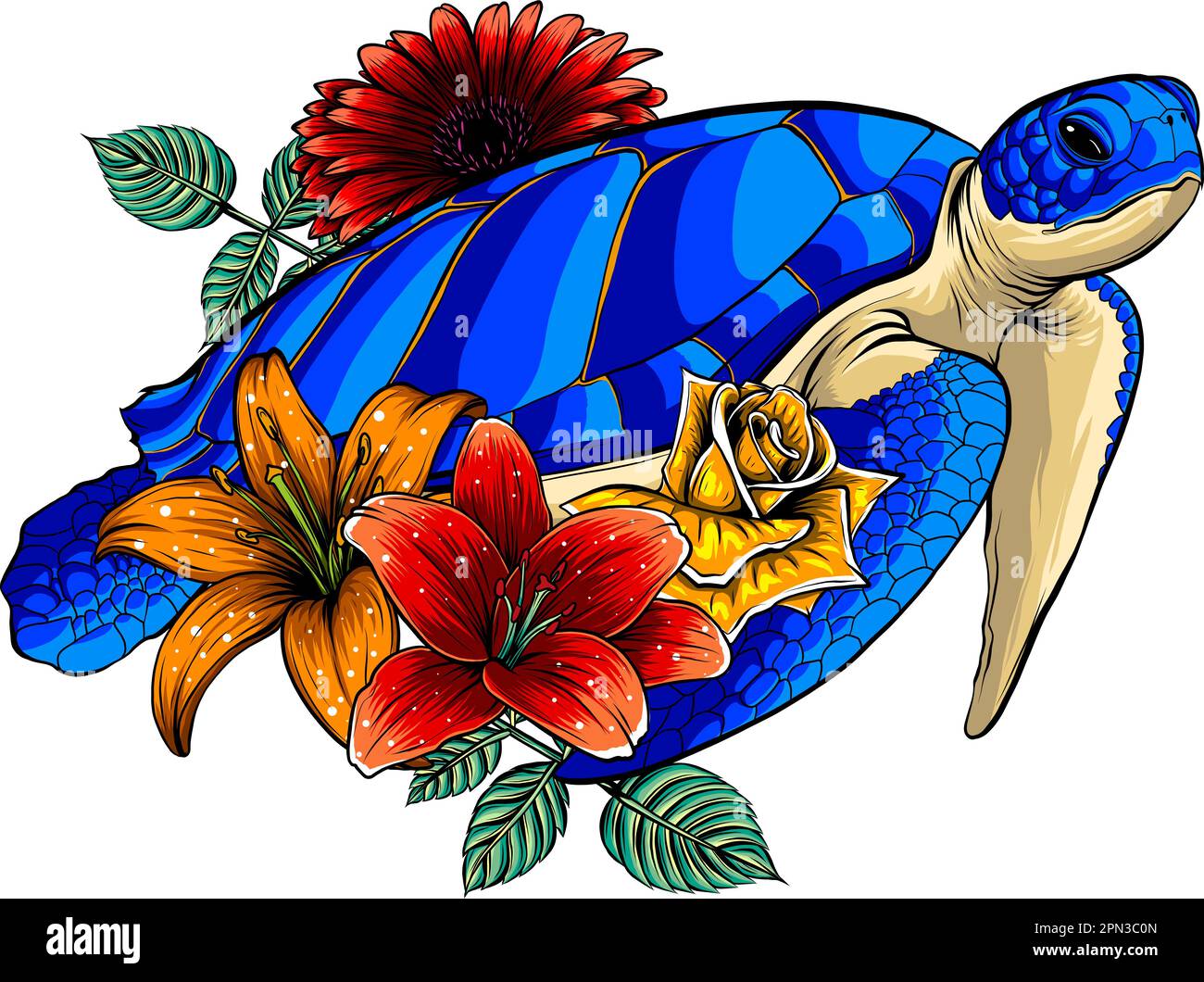 Illustrazione vettoriale di tartaruga marina con fiore su sfondo bianco Illustrazione Vettoriale