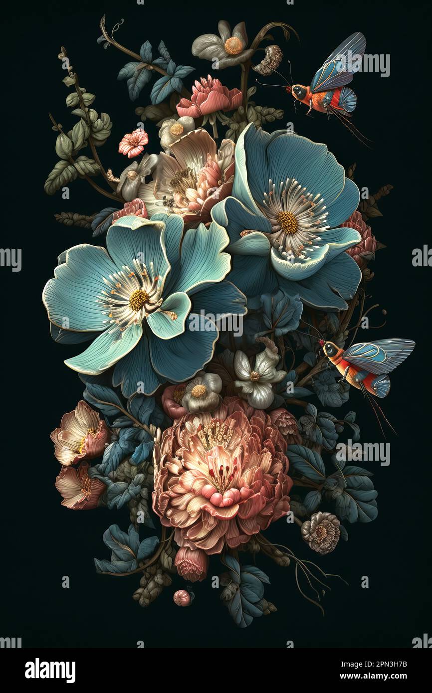 Fiori vintage. Peonie, tulipani, giglio, ortensia sul nero. Sfondo floreale  in stile barocco illustrazione floristica Foto stock - Alamy