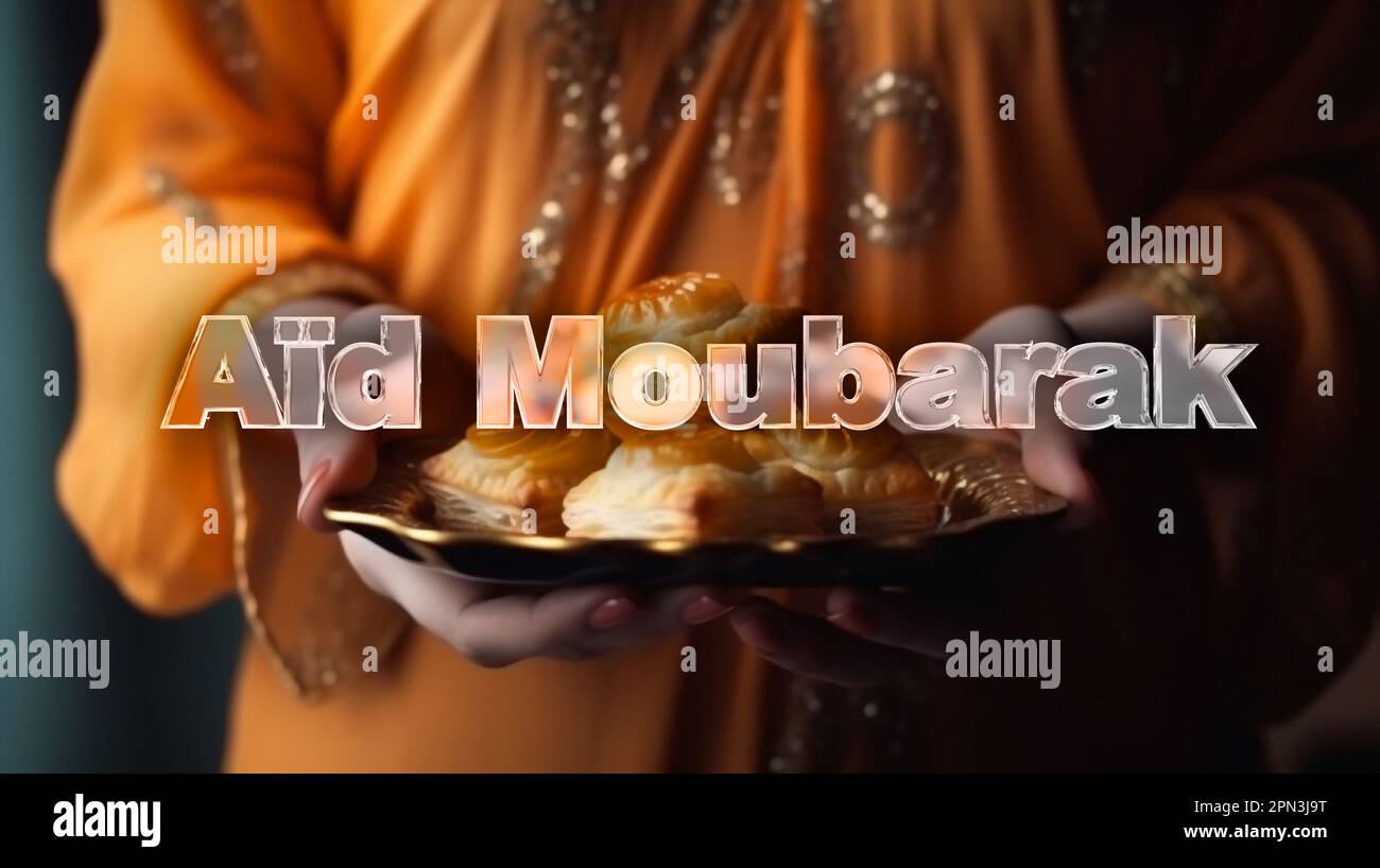 EID, testo di Aid moubarak sul primo piano cibo Medio Oriente sul secondo piano. Fine del Ramadan. Traduzione araba : Beata festa. Foto Stock