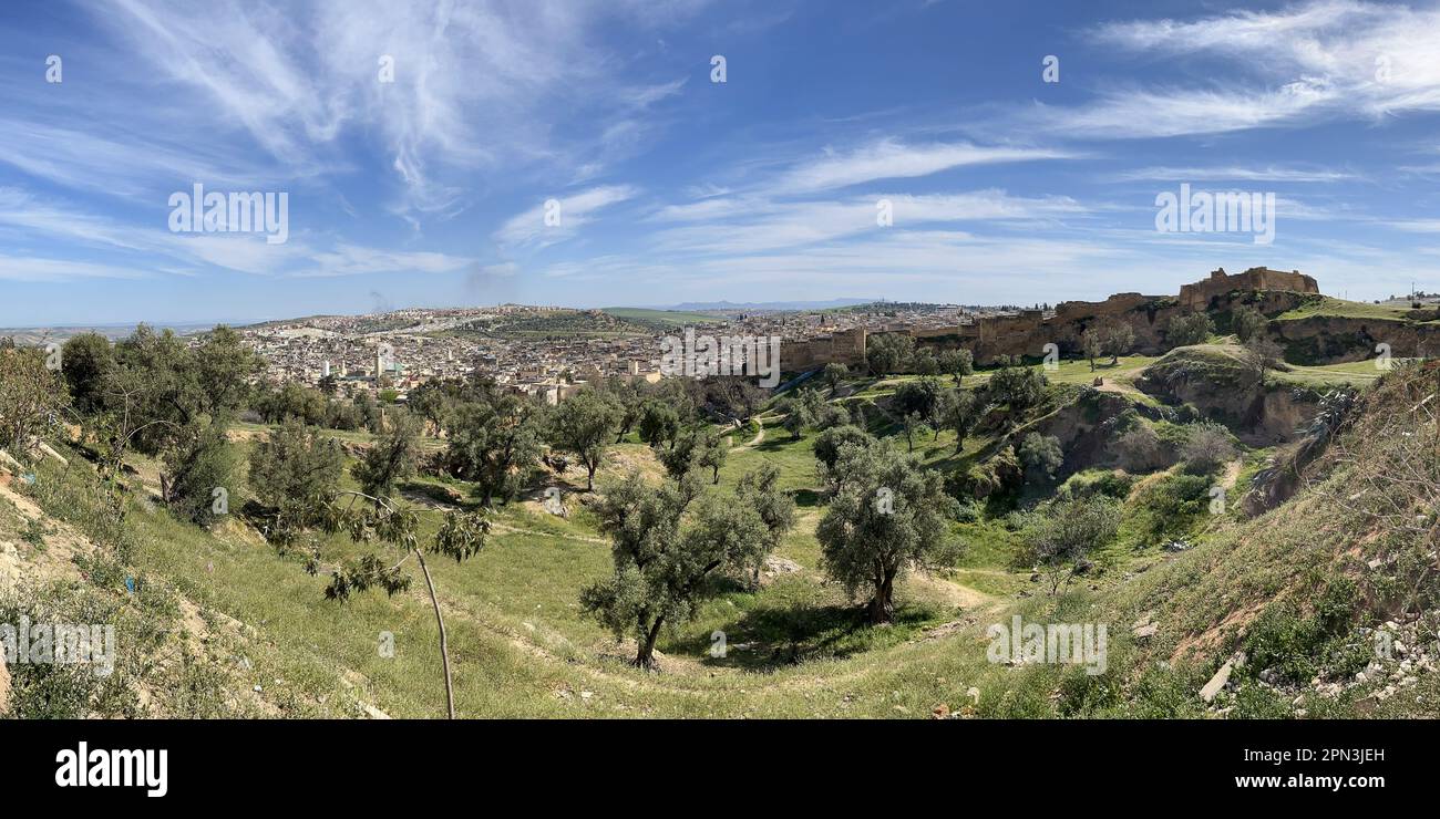 FES, Marocco: Splendido skyline panoramico della città con medina e Ville Nouvelle circondate da colline viste dalla fortificazione Borj Nord (Burj al-Shamal) Foto Stock