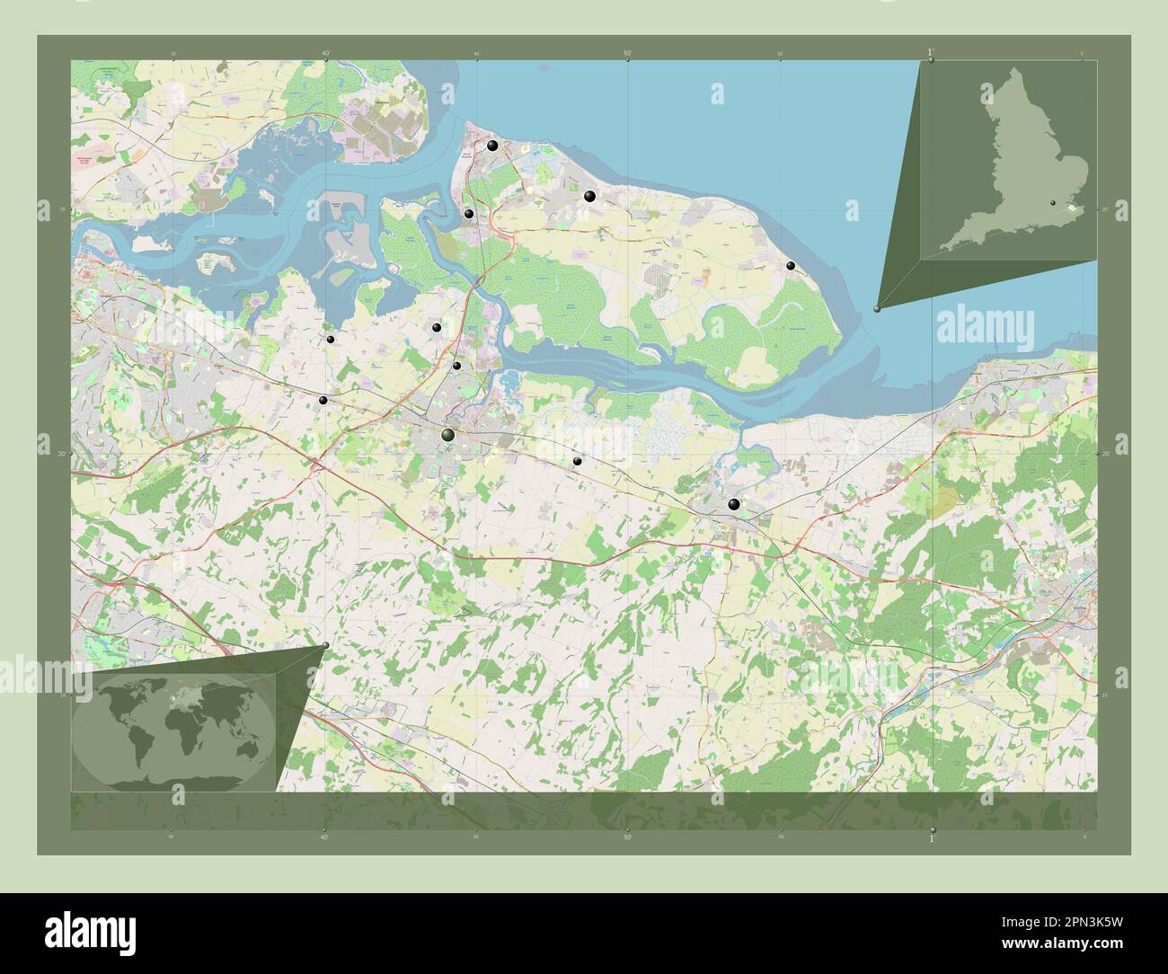 Swale, distretto non metropolitano dell'Inghilterra - Gran Bretagna. Aprire la mappa stradale. Posizioni delle principali città della regione. Mappe delle posizioni ausiliarie degli angoli Foto Stock