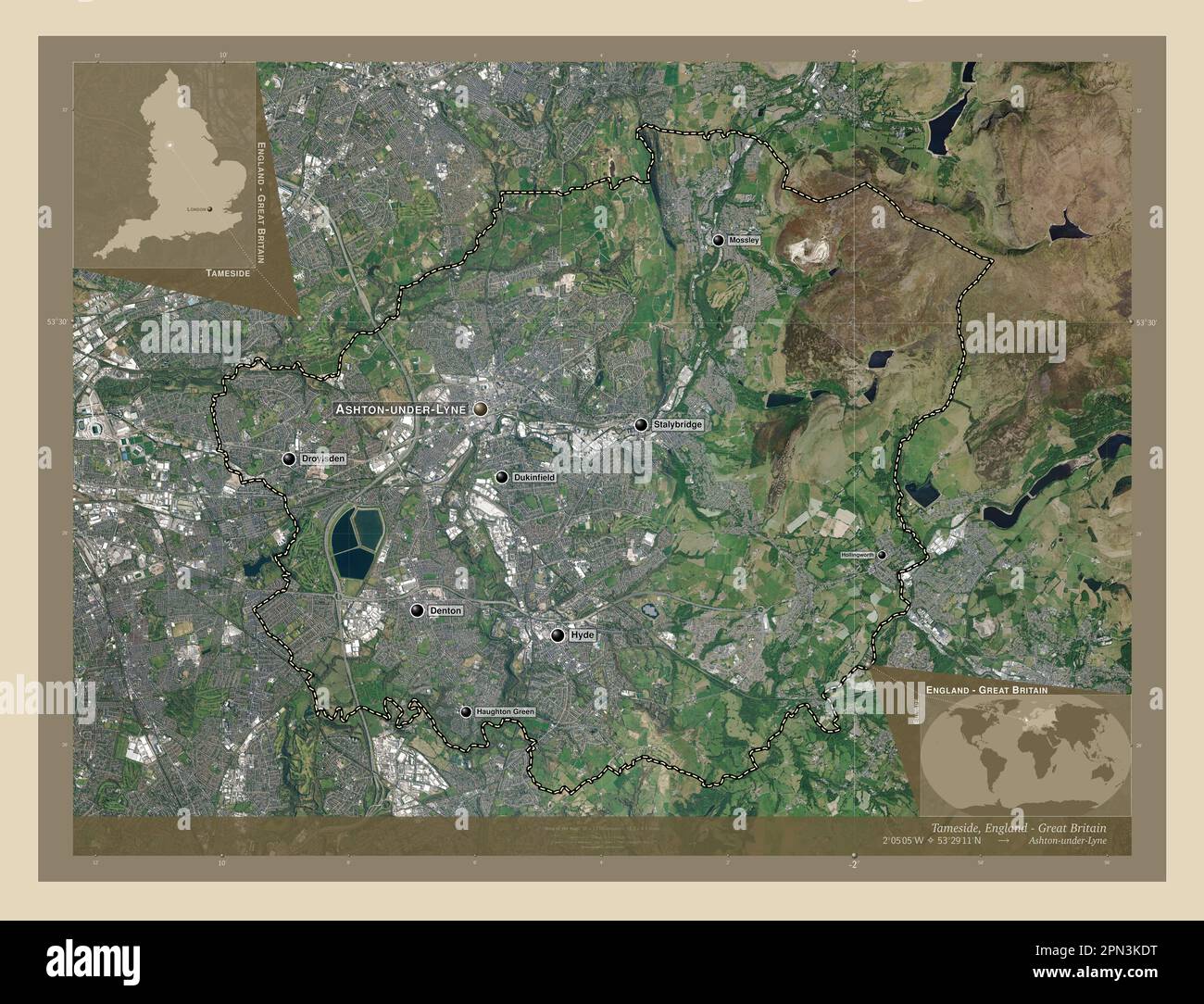 Tameside, distretto metropolitano dell'Inghilterra - Gran Bretagna. Mappa satellitare ad alta risoluzione. Località e nomi delle principali città della regione. Angolo a Foto Stock