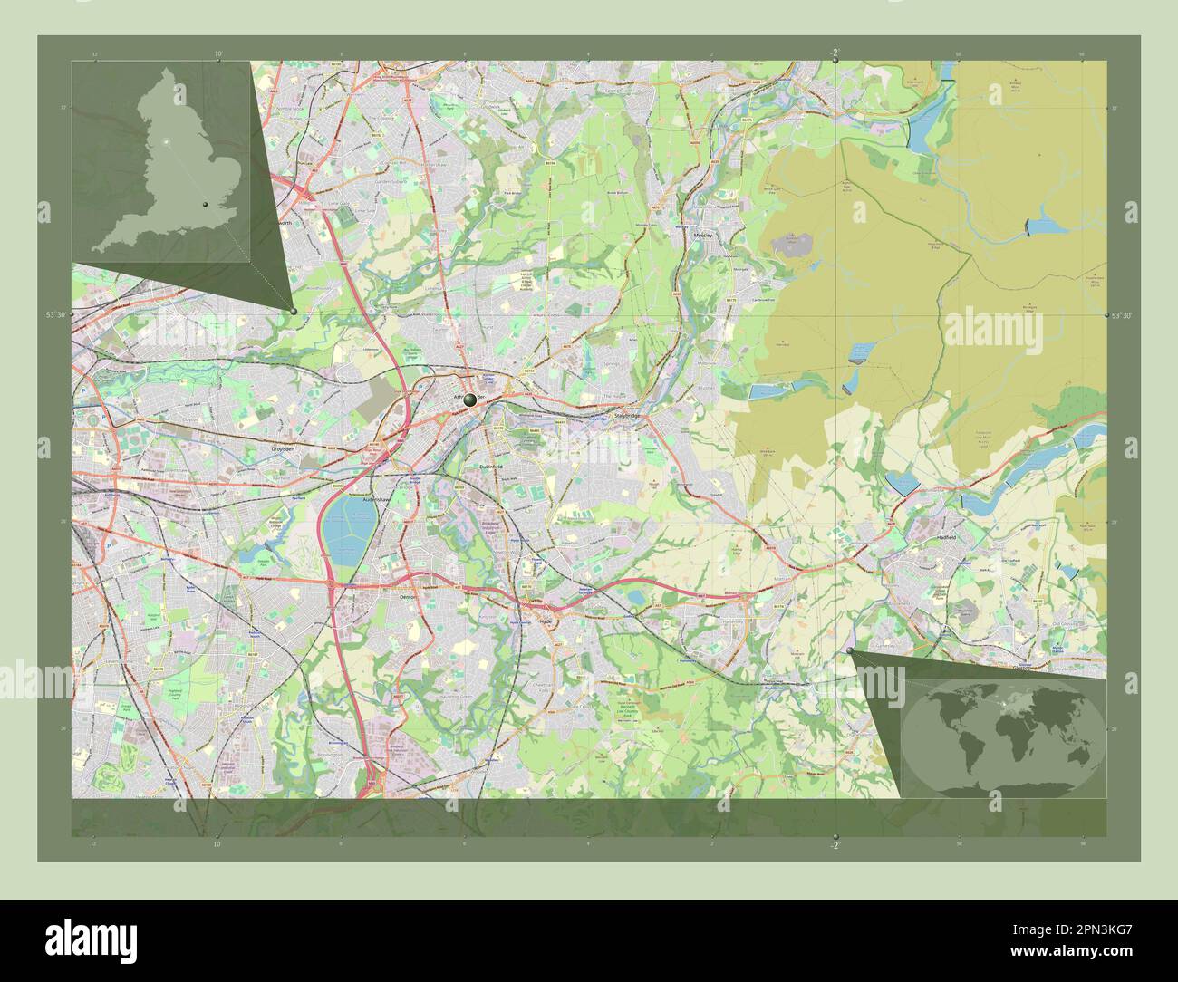 Tameside, distretto metropolitano dell'Inghilterra - Gran Bretagna. Aprire la mappa stradale. Mappe delle posizioni ausiliarie degli angoli Foto Stock