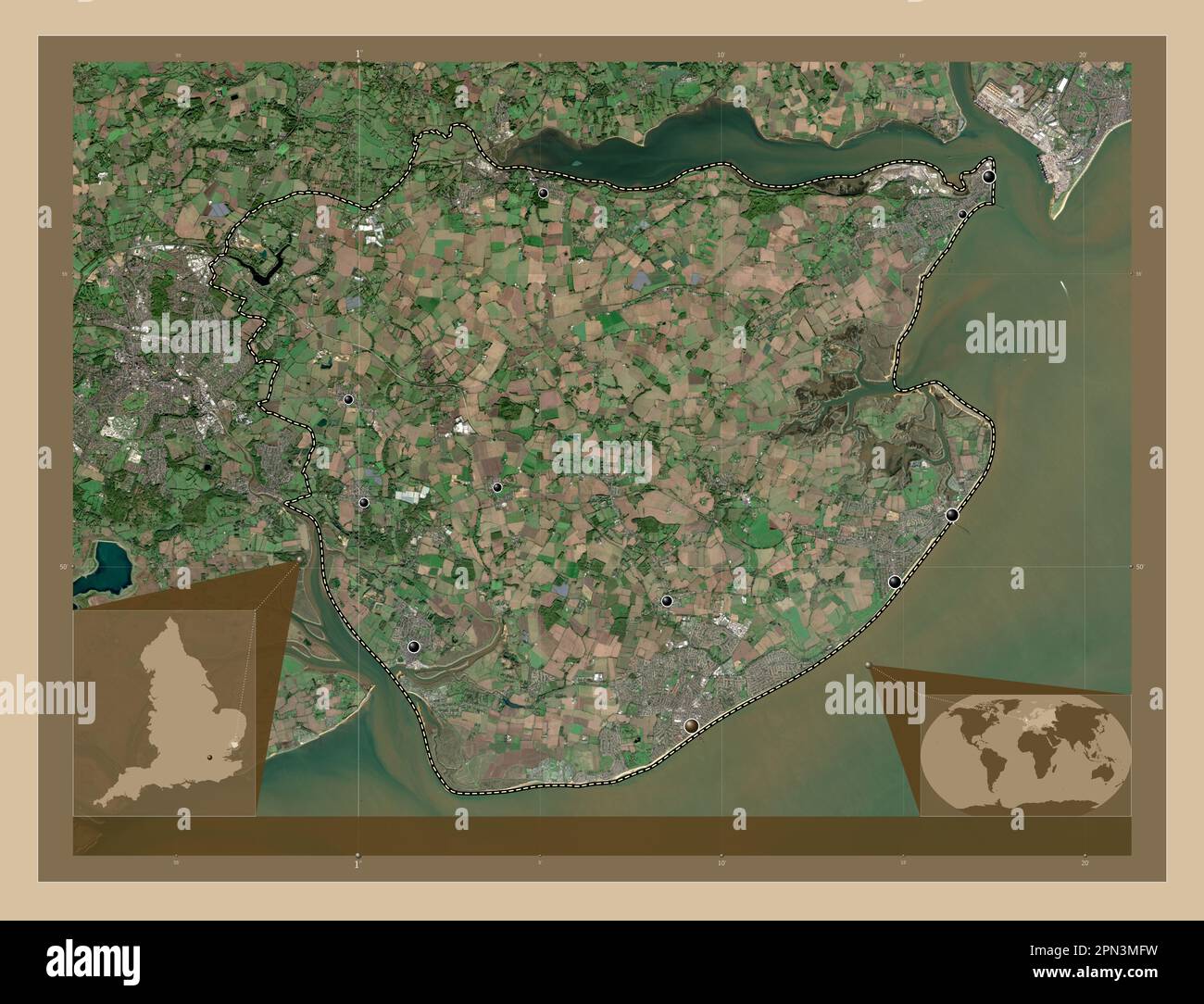 Tendring, distretto non metropolitano dell'Inghilterra - Gran Bretagna. Mappa satellitare a bassa risoluzione. Posizioni delle principali città della regione. Ausiliario angolo Foto Stock