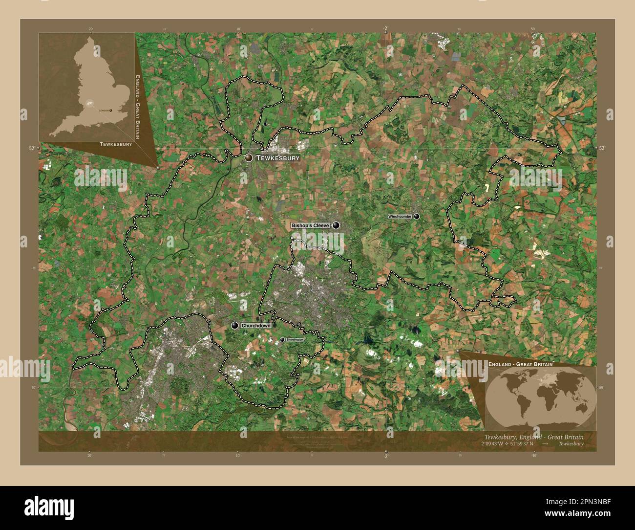 Tewkesbury, distretto non metropolitano dell'Inghilterra - Gran Bretagna. Mappa satellitare a bassa risoluzione. Località e nomi delle principali città della regione. Cor Foto Stock