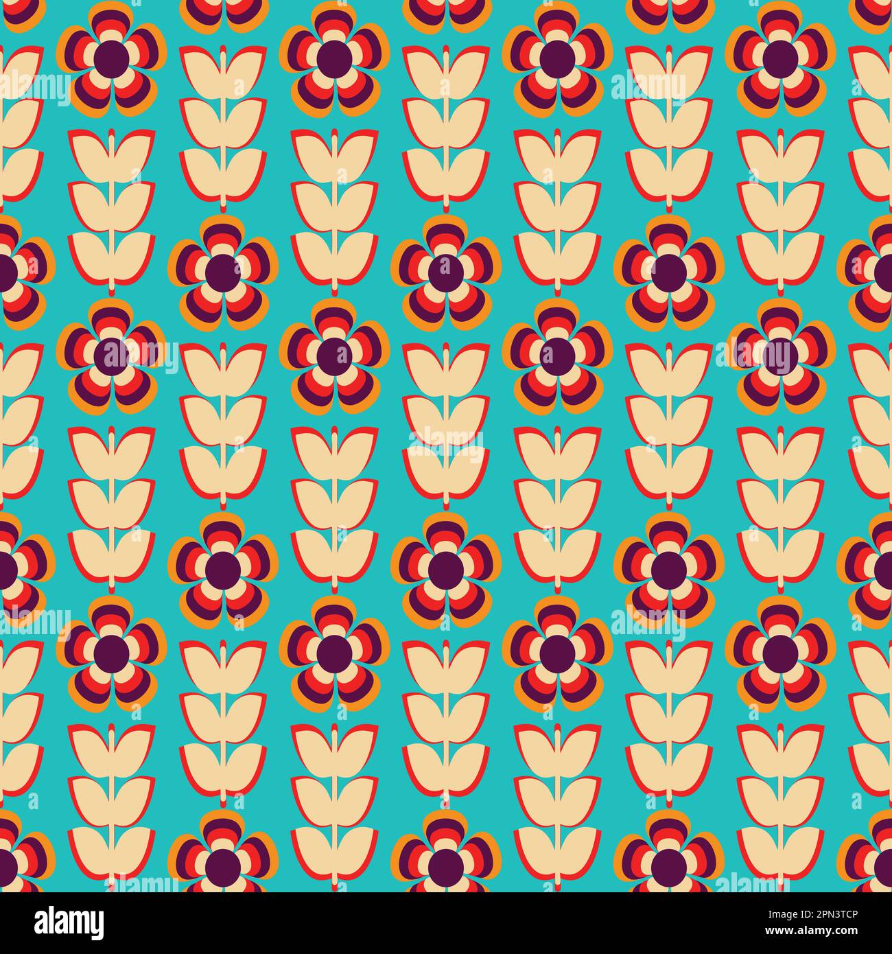 Motivo retrò senza cuciture con elementi floreali in stile scandinavo. Fiori geometrici stilizzati, 60s, 70s. progettazione di superfici, tessuti, carta, cartoleria. Illustrazione Vettoriale