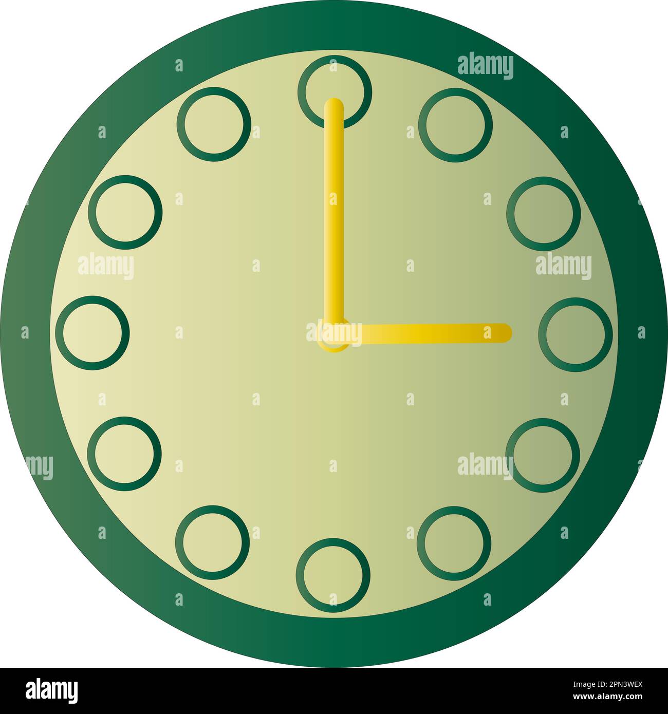 Un'icona verde dell'orologio di un volto circolare con dodici indicatori di ora, due mani per indicare l'ora Illustrazione Vettoriale