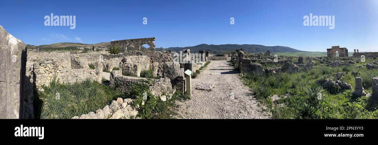 Marocco, Africa: Vista panoramica dei resti di Volubilis, il più famoso sito archeologico romano del Marocco, vicino a Meknes Foto Stock