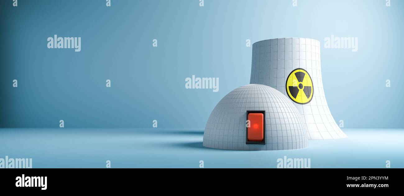 Concetto di arresto degli impianti nucleari - edificio di reattori con interruttore e torre di raffreddamento con segnale di radiazione. Formato banner Web Foto Stock