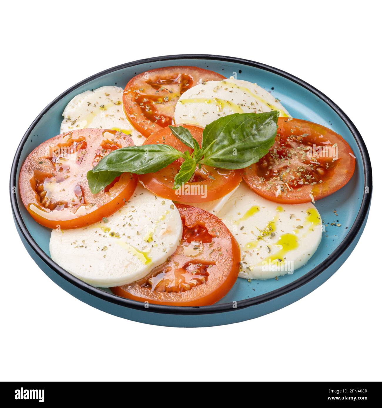 Menu di insalate del ristorante, insalata caprese con mozzarella, pomodori e basilico Foto Stock