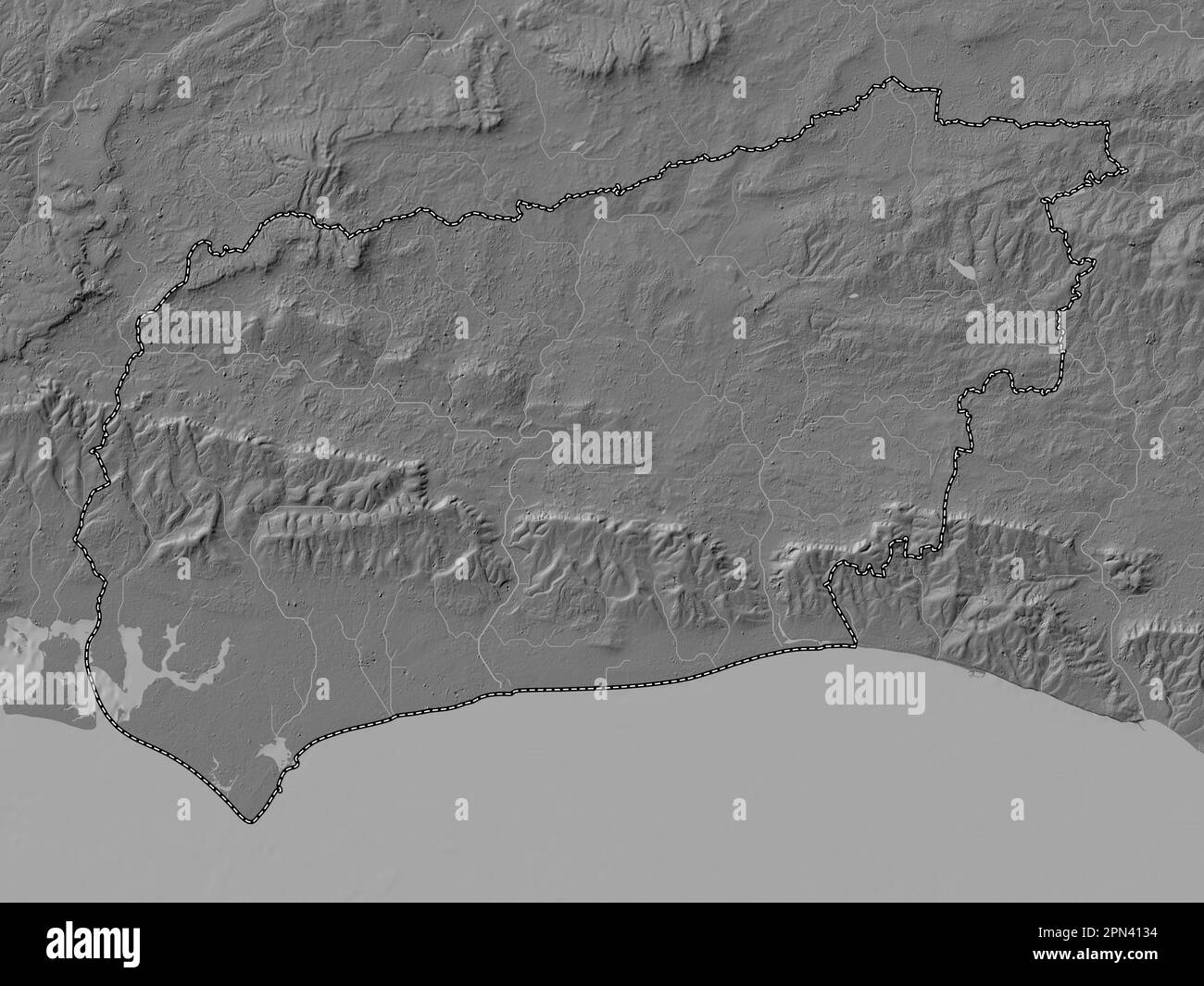 West Sussex, contea amministrativa dell'Inghilterra - Gran Bretagna. Mappa altimetrica bilivello con laghi e fiumi Foto Stock