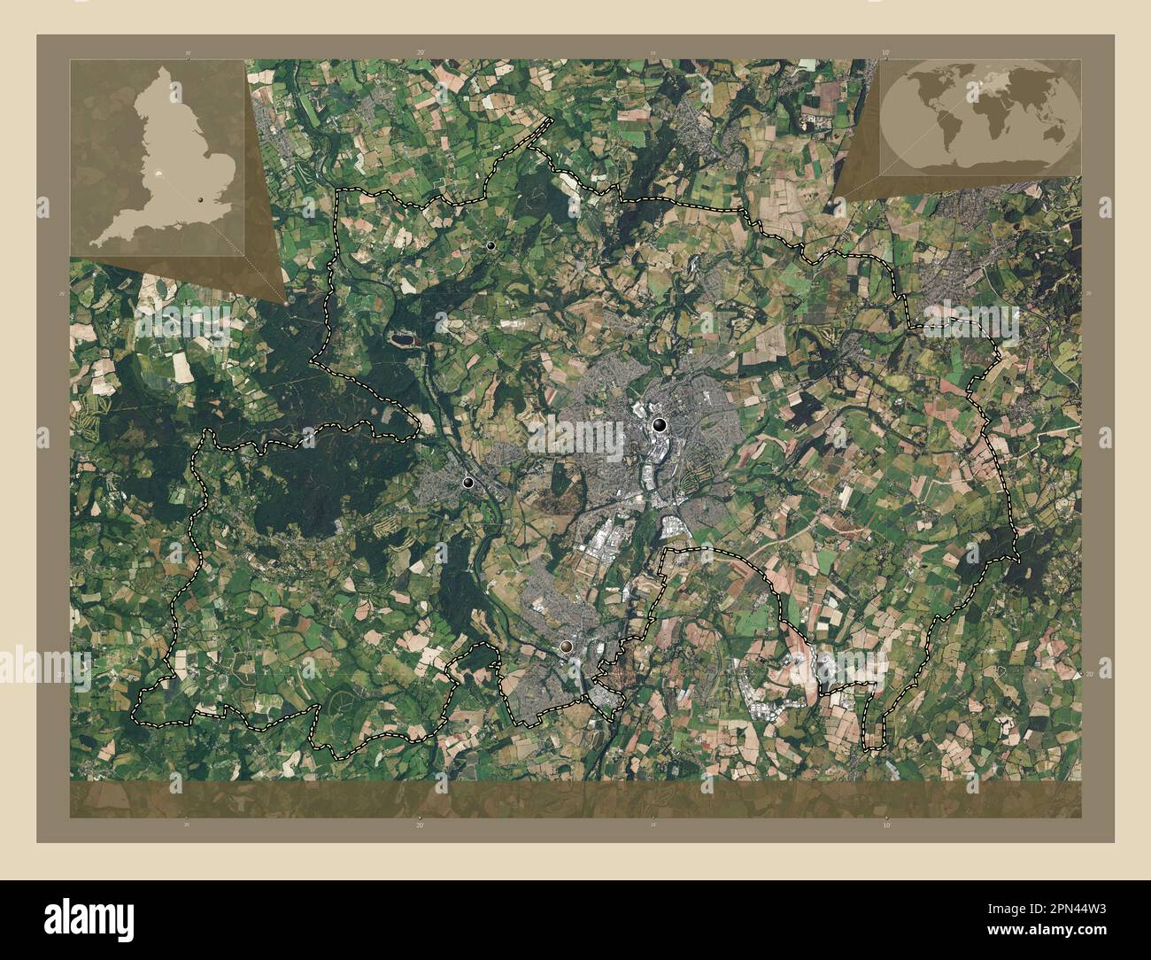 Wyre Forest, distretto non metropolitano dell'Inghilterra - Gran Bretagna. Mappa satellitare ad alta risoluzione. Posizioni delle principali città della regione. Angolo auxi Foto Stock