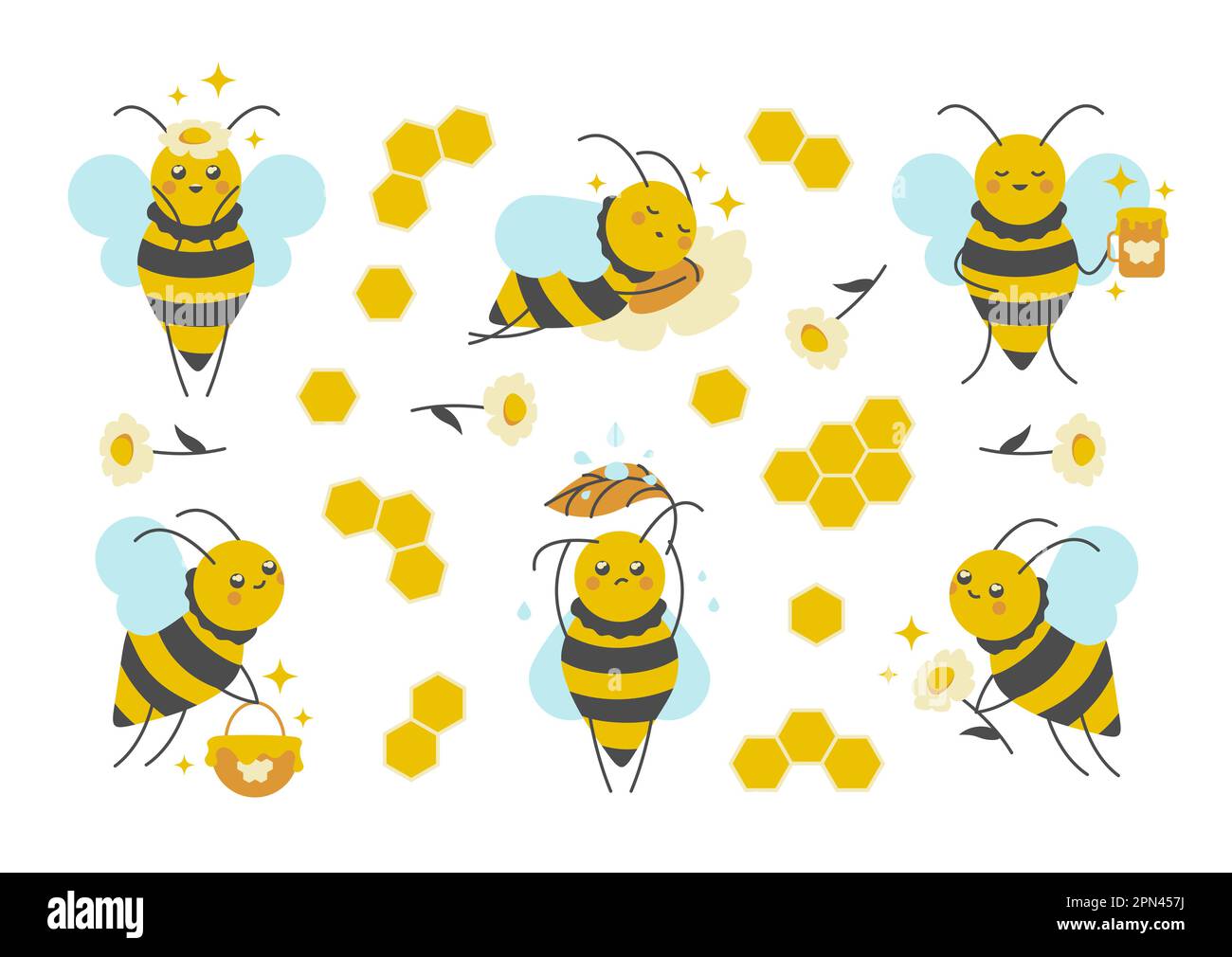 Carino piccolo personaggio ape set di design. Serie ART a clip piatta. Illustrazione Vettoriale