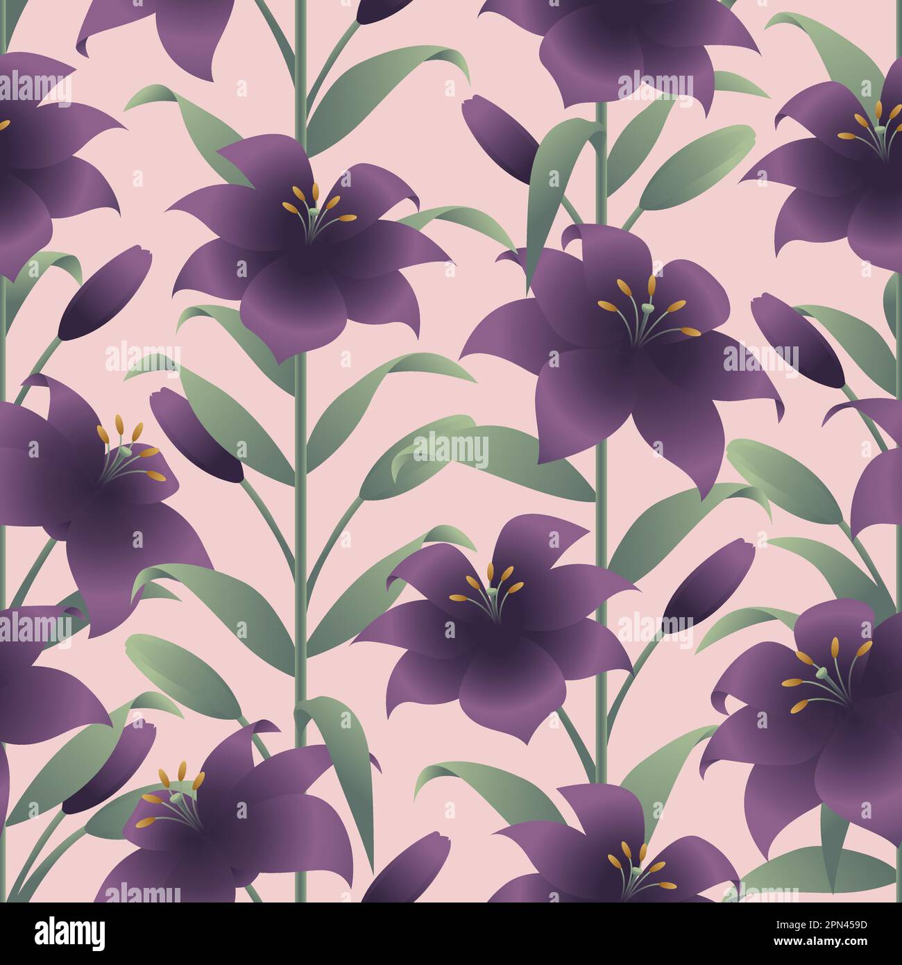 Fiore di giglio viola senza cuciture. Stile realistico sfondo floreale ornato. Illustrazione Vettoriale
