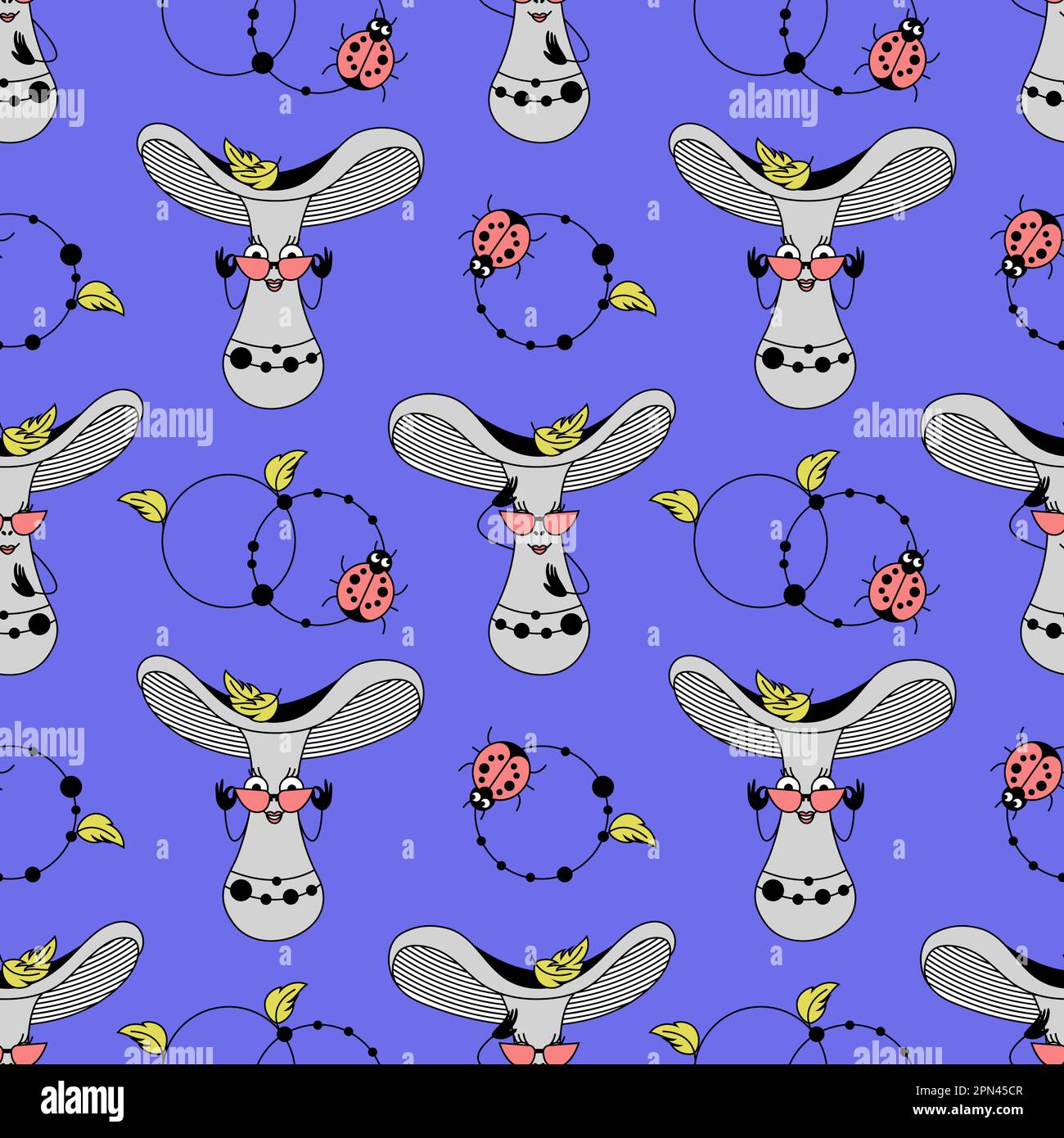 Simpatico motivo a fungo per sgabello senza cuciture. Sfondo blu con funghi e coccinelle in stile retrò piatto. Illustrazione Vettoriale