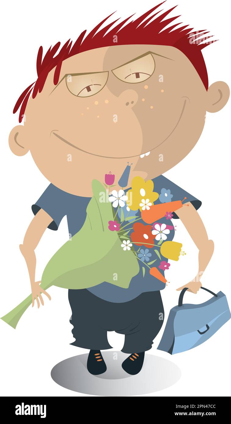 Ragazzo con un bouquet di fiori illustrazione cartone animato. Sorridente adolescente tiene un grande bouquet di fiori e una borsa isolato su illustrazione bianca Illustrazione Vettoriale