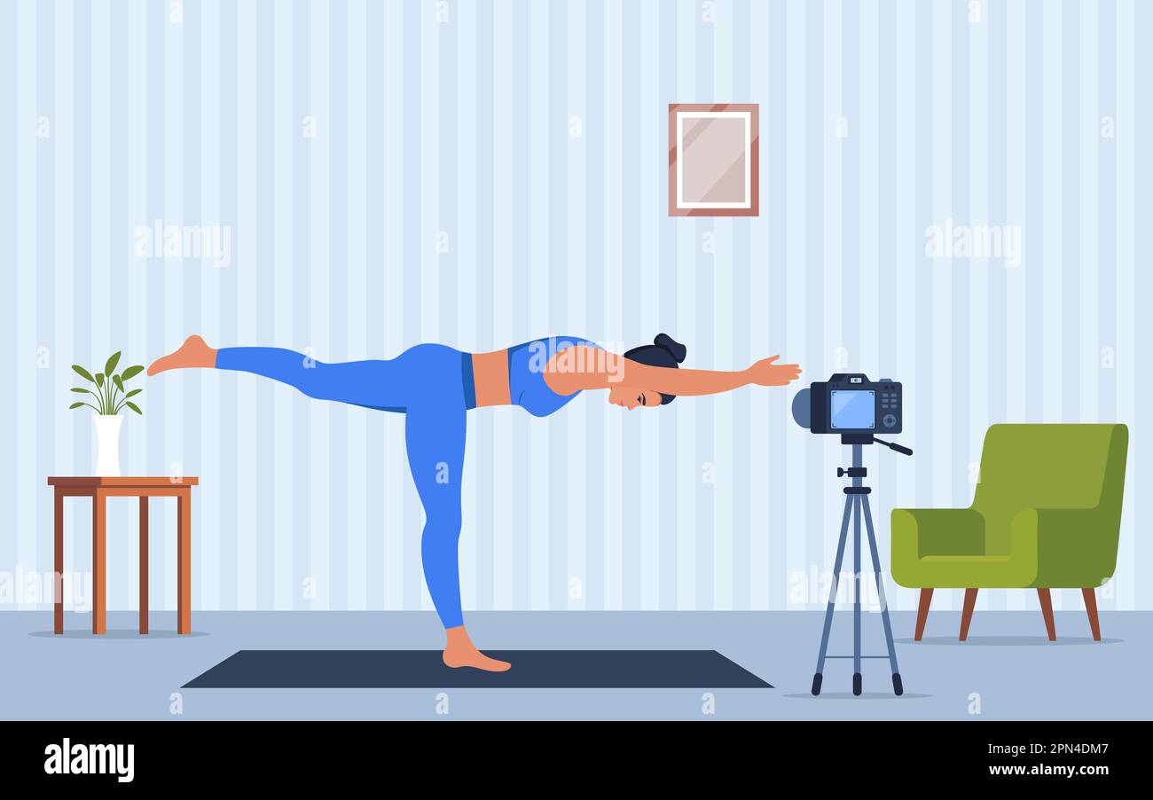 Personaggio femminile che fa esercizi di yoga a casa registrando video con fotocamera su treppiede. Blog di social network, concetto di stile di vita sano. Stremino sportivo Illustrazione Vettoriale