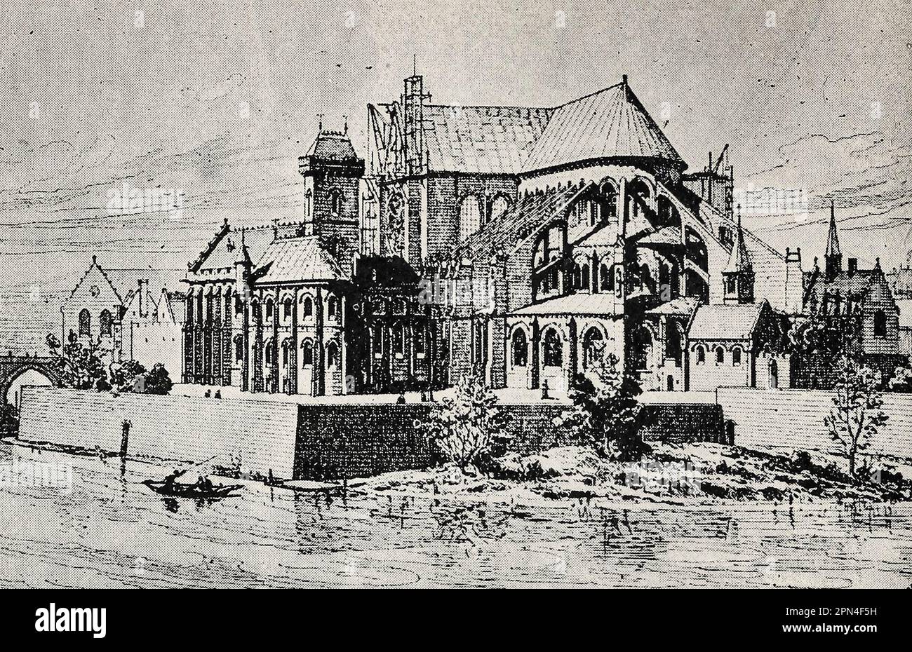 La Cattedrale di Notre Dame nel 13th ° secolo, mostrando il Palazzo del Vescovo sulla sinistra. Parigi, Francia Foto Stock