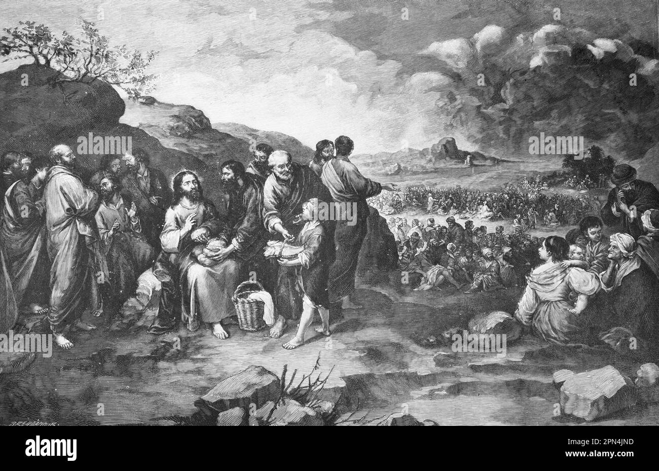 Nutrire cinquemila persone in Tabgha, bibbia, nuovo Testamento, Marco, capitolo 6, verses30-44 , Illustrazione storica 1890 Foto Stock